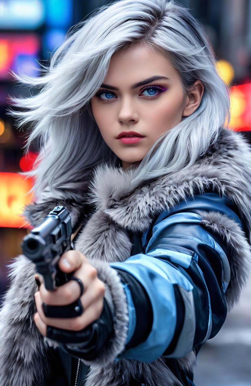 Street Fighter style a close up of a person wearing a fur coat,  perfect white haired girl,  soft portrait shot 8 k on Ten...