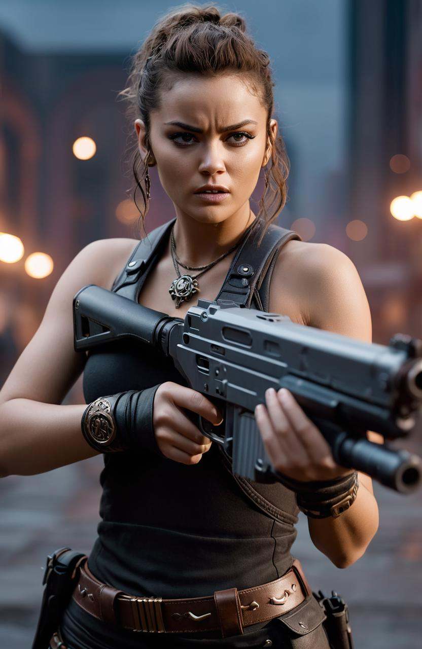 cinematic film still a close up of a person holding a gun,  cyberpunk judy alvarez,  unreal 5. rpg portrait on Tensor.Art