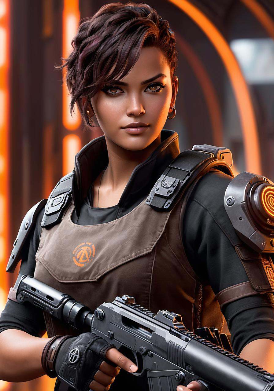 texture ,  a close up of a person holding a gun,  cyberpunk judy alvarez on Tensor.Art