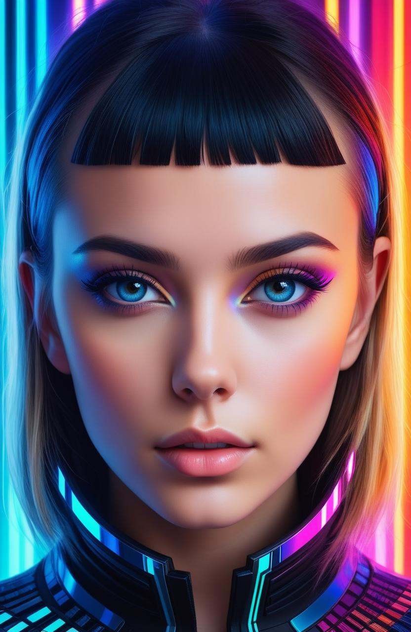 Hyperrealistic art a close up of a woman's face with a multicolored background,  young glitched woman,  symmetrical portra...