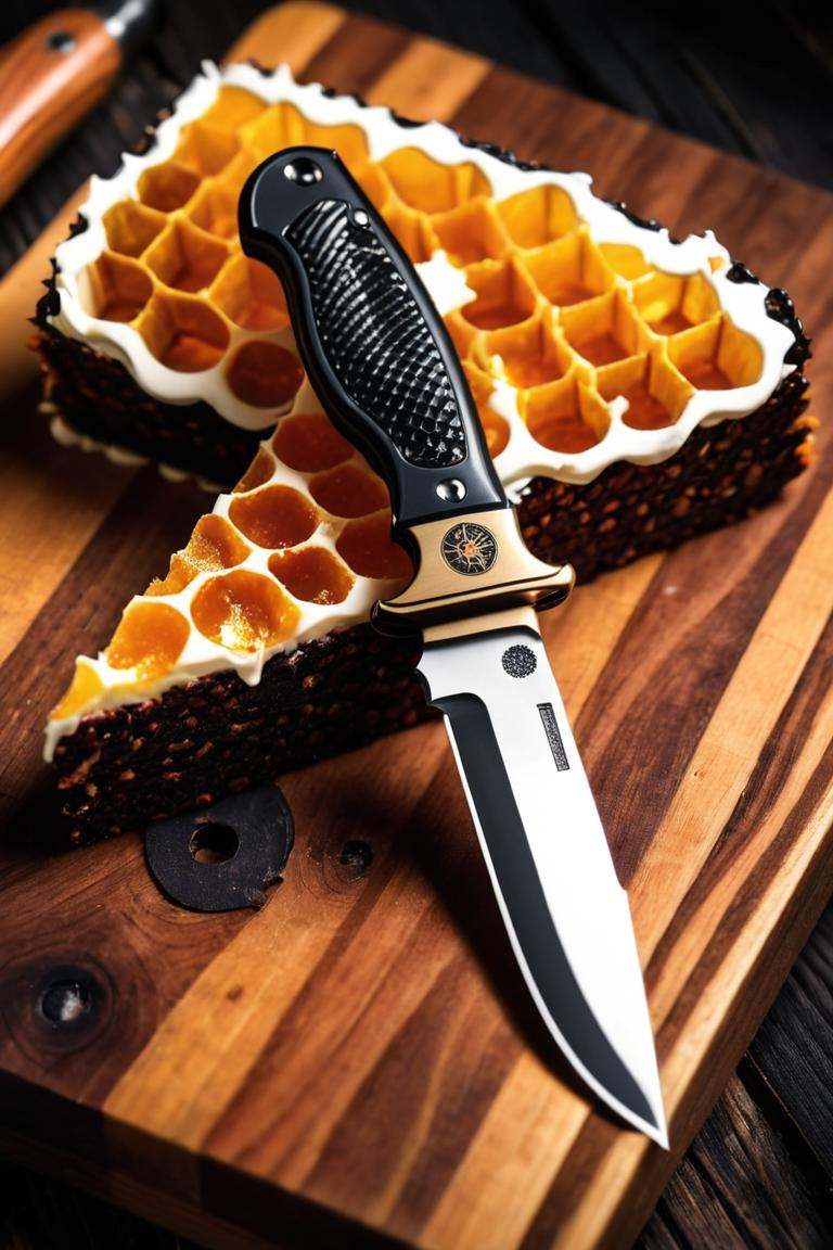 Abstract style a knife laying on top of a wooden table next to a knife sharpener on top of a piece of wood that has holes...