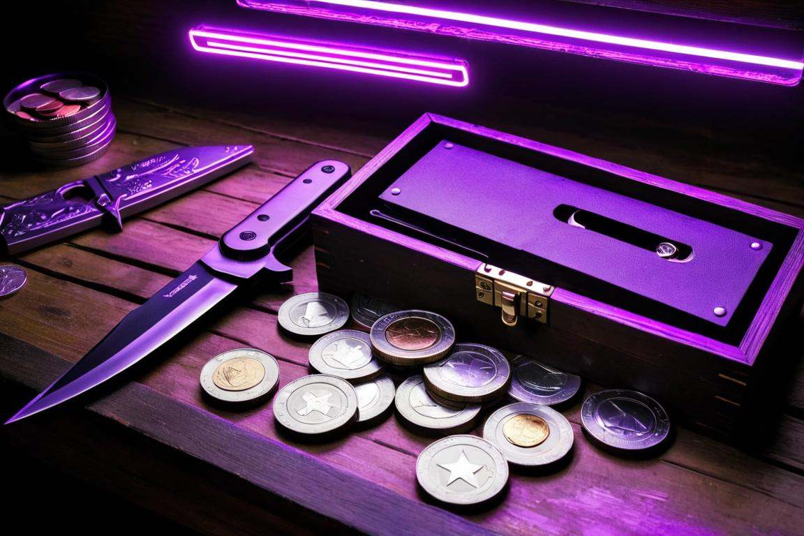 Film noir style a pair of scissors sitting on top of a wooden box filled with lots of different types of coins on top of a...