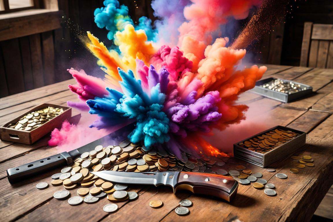 Tilt-shift photo of a knife sitting on top of a wooden table next to a pile of penns and a knife with a knife blade sticki...