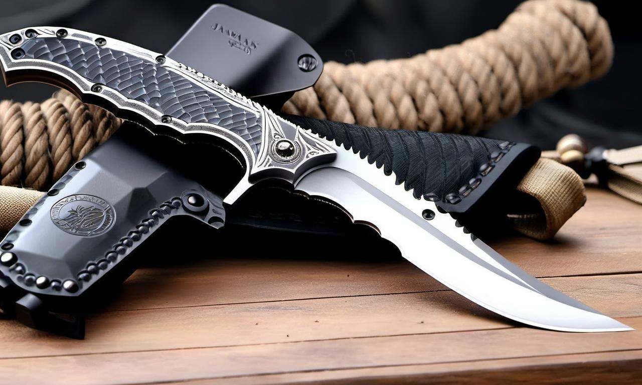 a large knife sitting on top of a wooden table,  tactical knife,  detailed and sharp on Tensor.Art