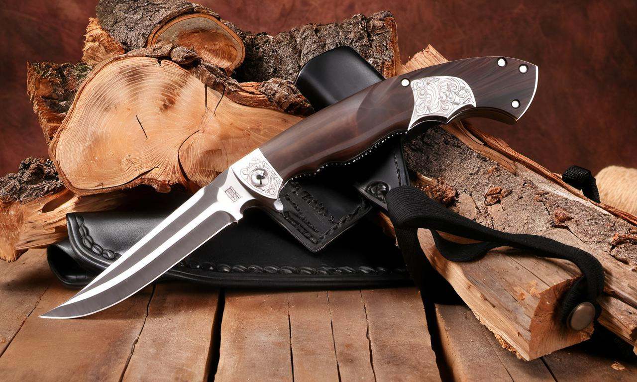 cinematic photo a knife sitting on top of a piece of wood on top of a piece of wood on top of a piece of wood next to a pi...