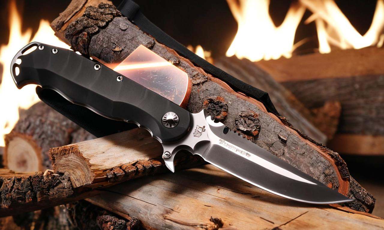 Long exposure photo of a knife sitting on top of a piece of wood,  a folding knife,  tactical knife on Tensor.Art