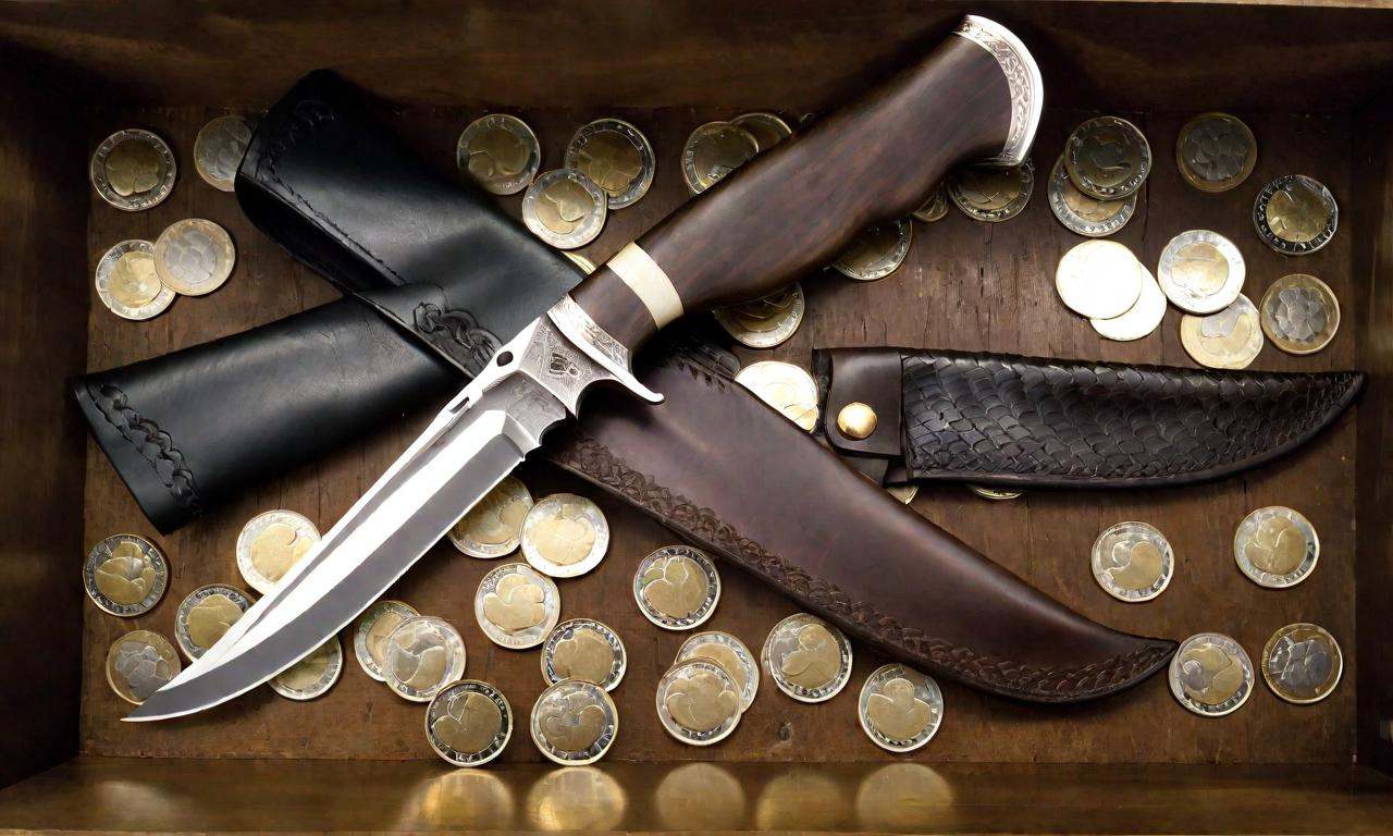 cinematic photo a knife sitting on top of a wooden table next to a pile of penns and a knife blade on top of a wooden tabl...
