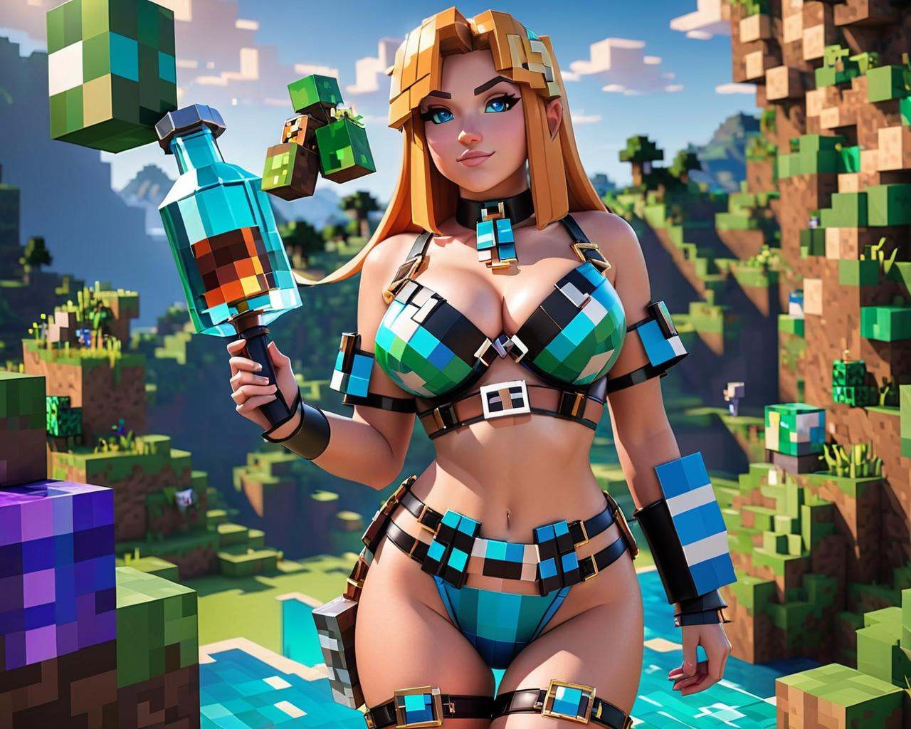 Minecraft style a woman in minecraft posing for a picture in latex bikini with a pixalated blue harness and metal choker m...