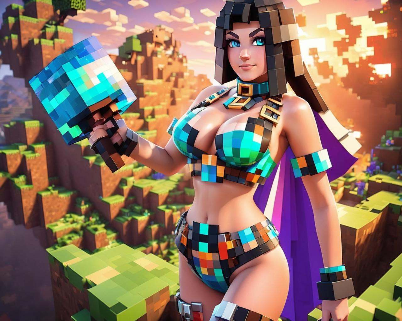 Minecraft style a woman in minecraft posing for a picture in latex bikini with a pixalated blue harness and metal choker m...