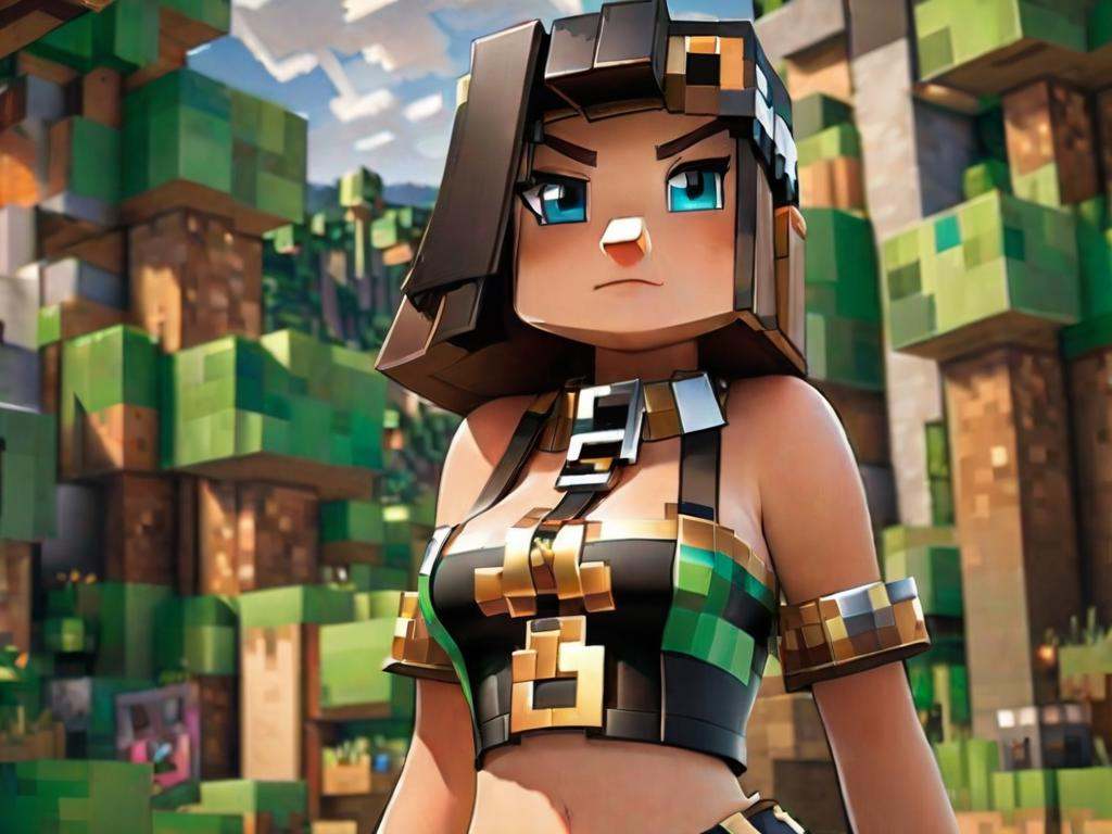 woman in minecraft posing for a picture in latex bikini no top nipples with small breasts with a pixalated sexy fetish har...