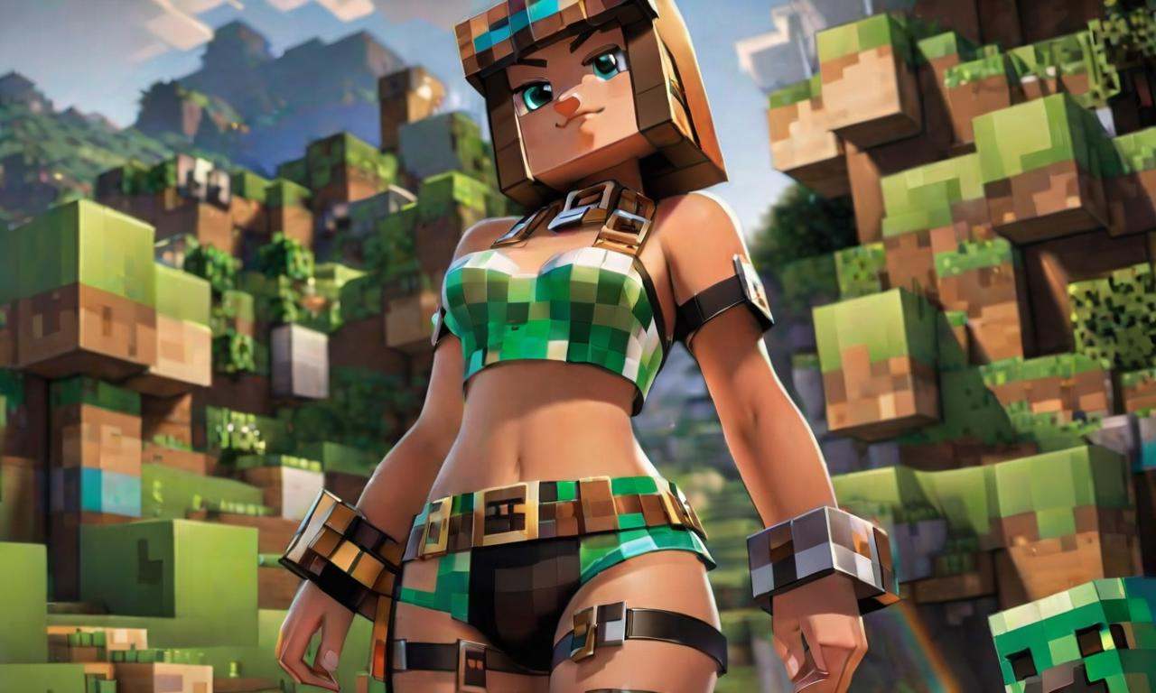 woman in minecraft posing for a picture in latex bikini no top nipples with small breasts with a pixalated sexy fetish har...