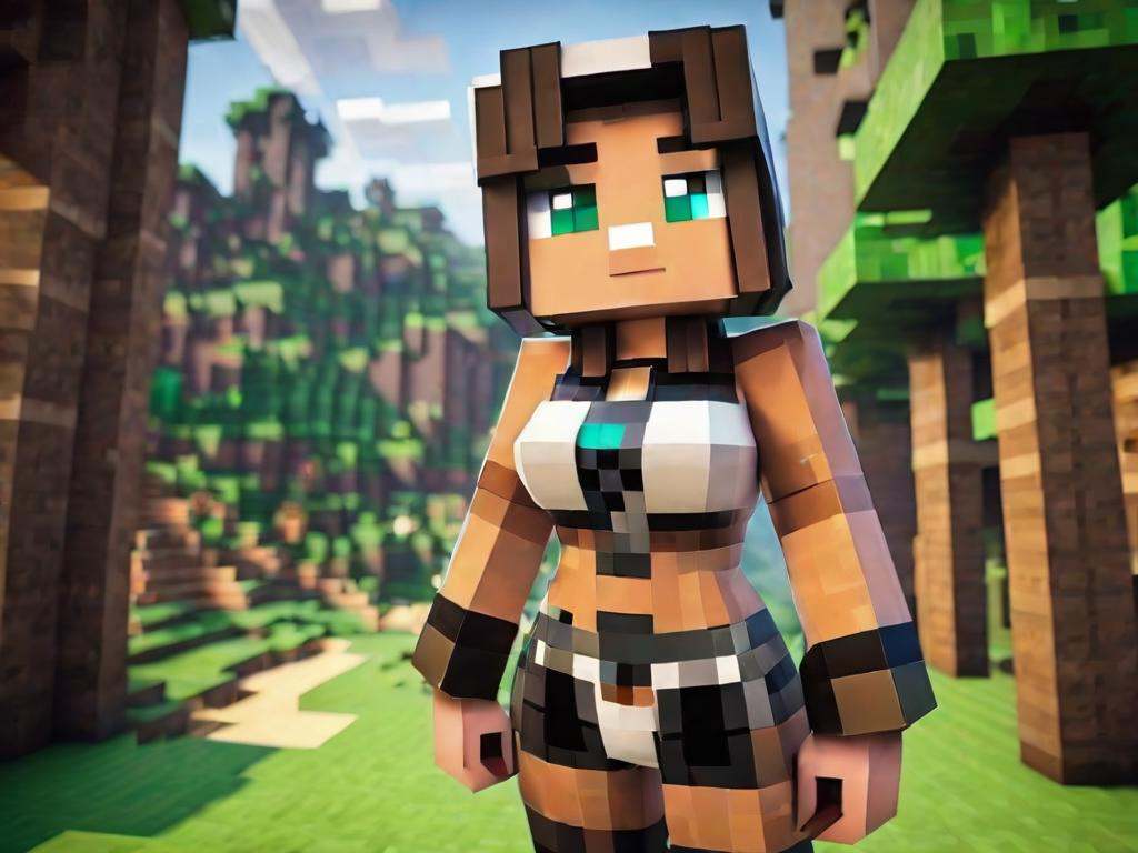 woman in minecraft posing for a picture in latex bikini no top nipples with small breasts with a pixalated sexy fetish har...