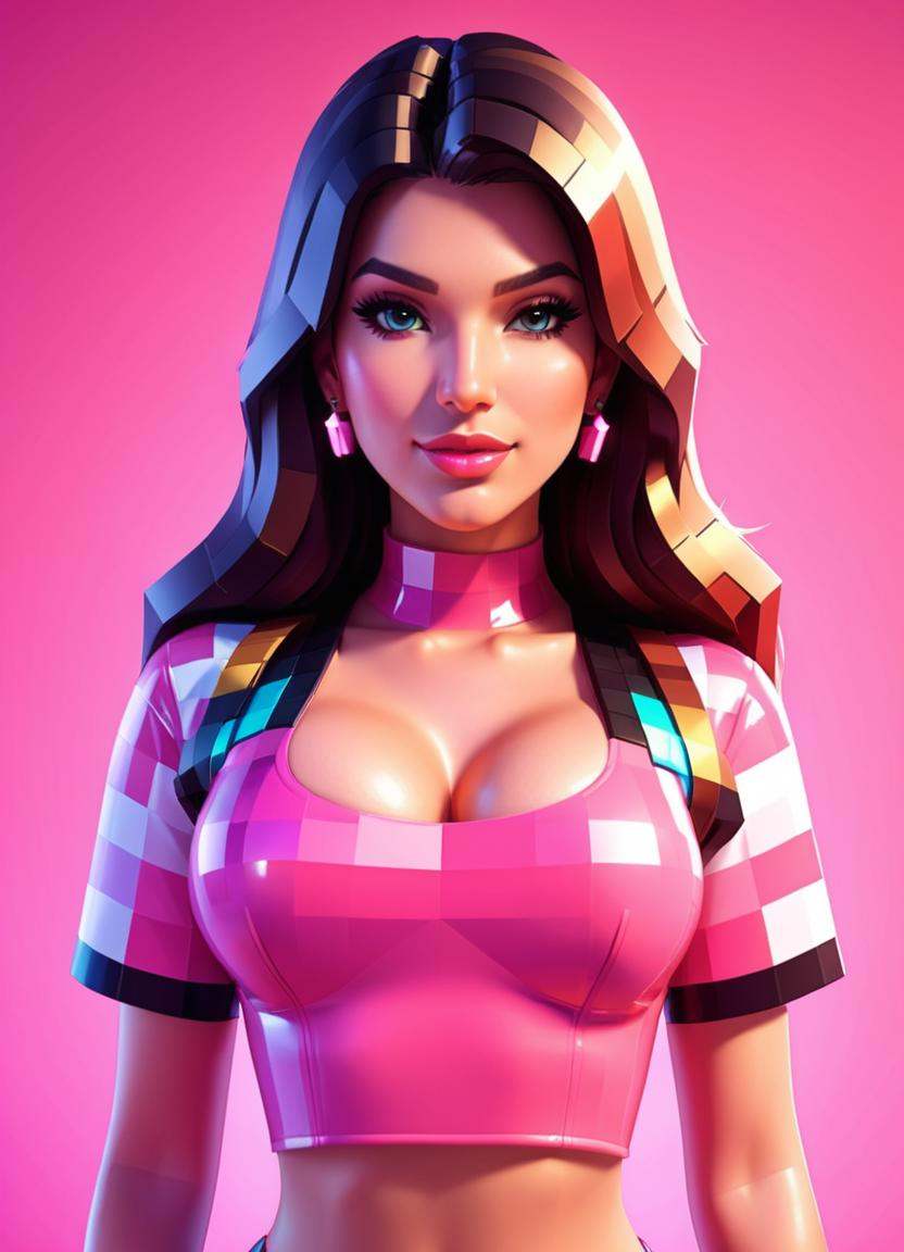 Minecraft style texture a portrait of a beautiful gorgeous woman in a pink latex top down close-up . Blocky,  pixelated,...