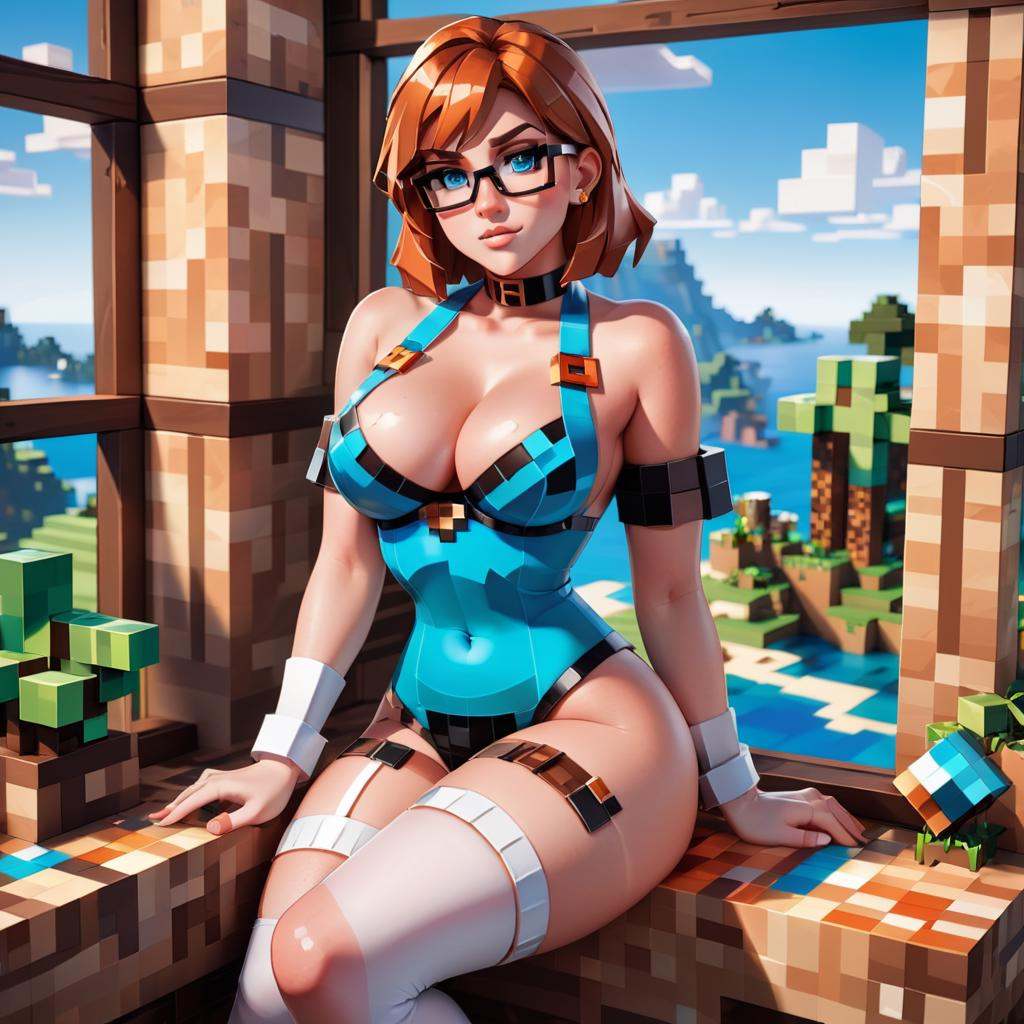 Minecraft style a woman in a white latex stockings sitting on a window sill,  inspired by Constance-Anne Parker,  reddit c...