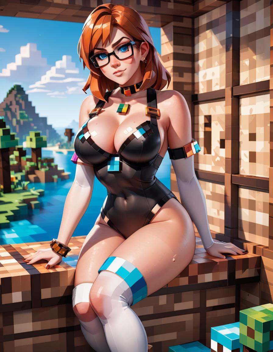 Minecraft style a woman in a white latex stockings sitting on a window sill,  inspired by Constance-Anne Parker,  reddit c...