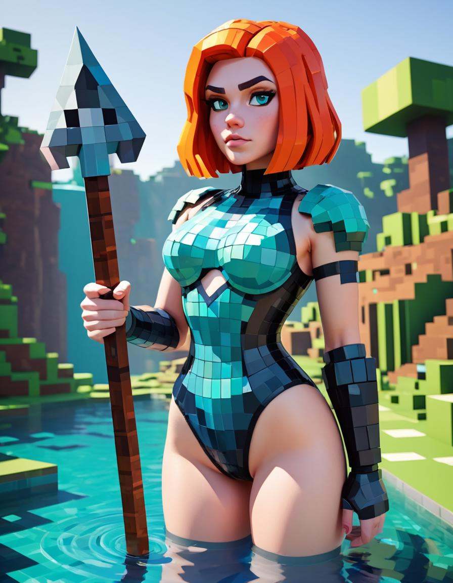 Minecraft style woman with pixelated latex bodysuit Minecraft armor and a pickaxe,  ,  Angora wool of a Grumpy Paranoid on...
