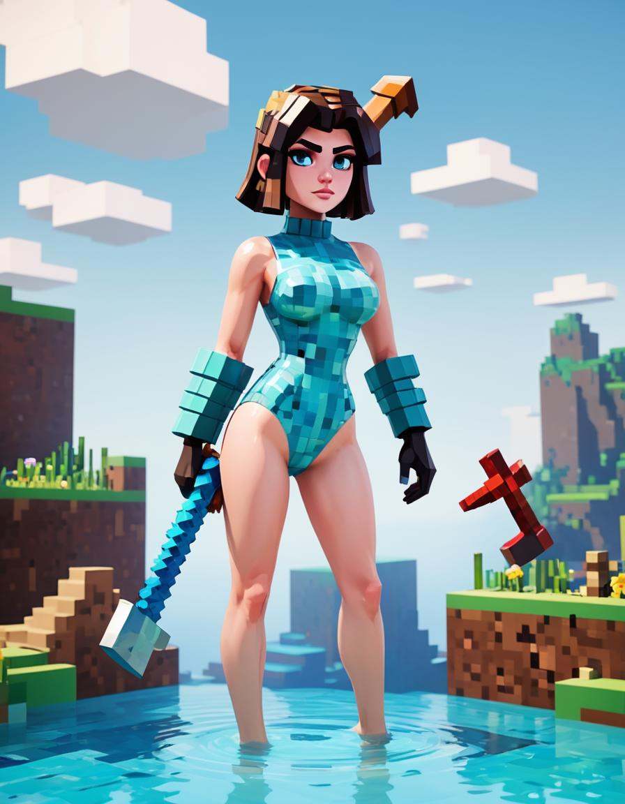 Minecraft style woman with pixelated latex bodysuit Minecraft armor and a pickaxe,  ,  Angora wool of a Grumpy Paranoid on...