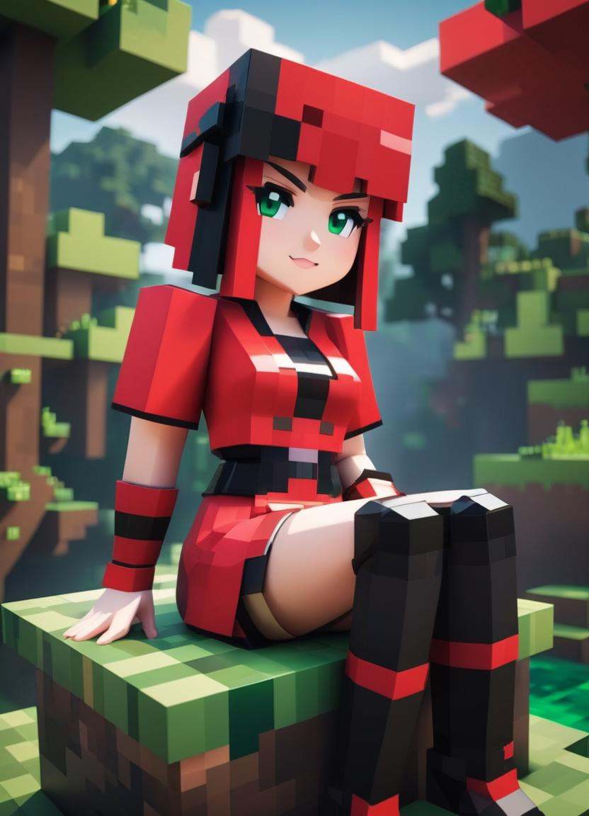 Minecraft style a close up of a woman in a red and black outfit sitting on a green platform,  anime lush john 8k woods,  a...