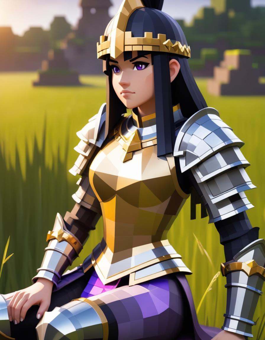 Minecraft style a woman in armor sitting in a field,  wearing golden armor,  wearing gold armor on Tensor.Art