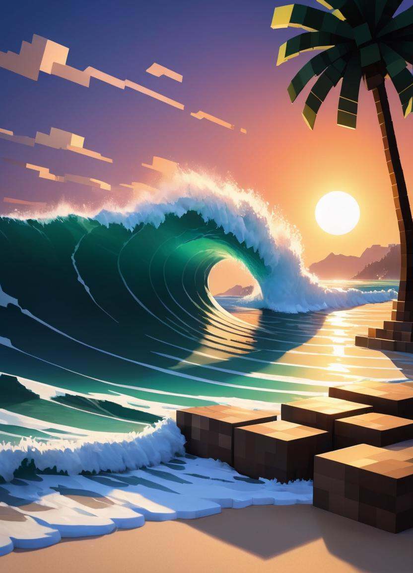 Minecraft style view of a wave breaking on a beach with palm trees,  by Christophe Vacher,  inspired by Christophe Vacher...