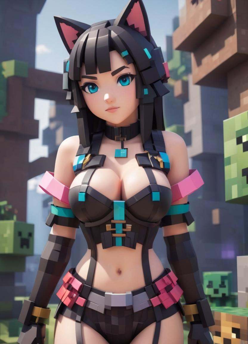 Minecraft style minecraft world style,  a close up of a woman in a corset and cats ears in minecraft,  stuning fantasy 3 d...