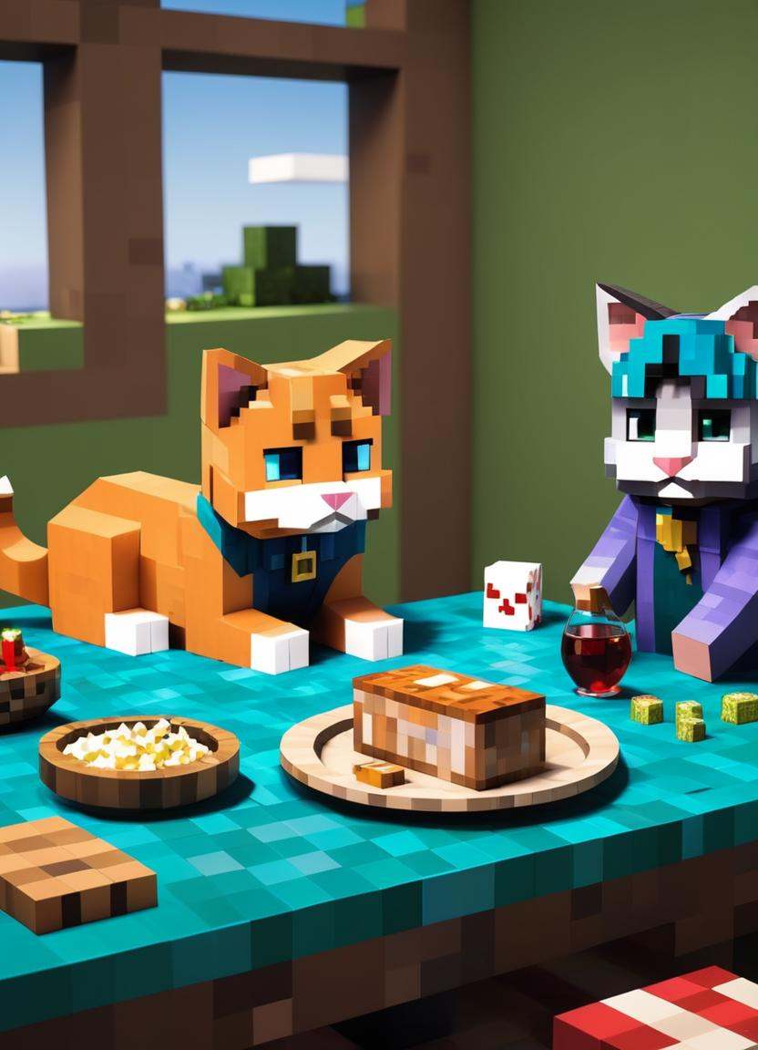 Minecraft style two cats sitting at a table with food and wine,  photo of a hamsters on a date,  cats party on Tensor.Art