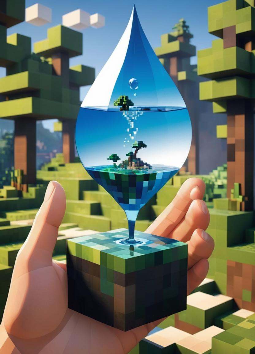 Minecraft style a picture of a hand holding a drop of water,  environmental artwork,  environmental art on Tensor.Art