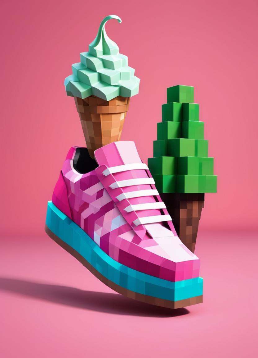 Minecraft style a pink shoe with an ice cream cone on top of it,  inspired by Chris LaBrooy,  clemens ascher on Tensor.Art