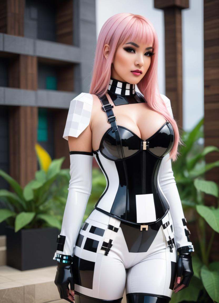 Minecraft style there is a woman with pink hair and a black and white outfit,  masuimi max,  wearing atsuko kudo latex out...