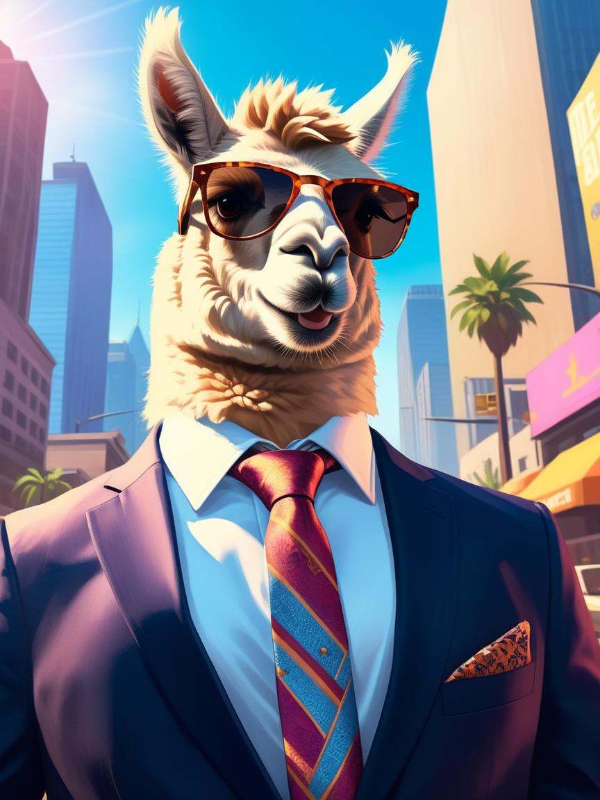 there is a llama wearing sunglasses and a suit in a city,  llama portrait,  llama anthro portrait on Tensor.Art