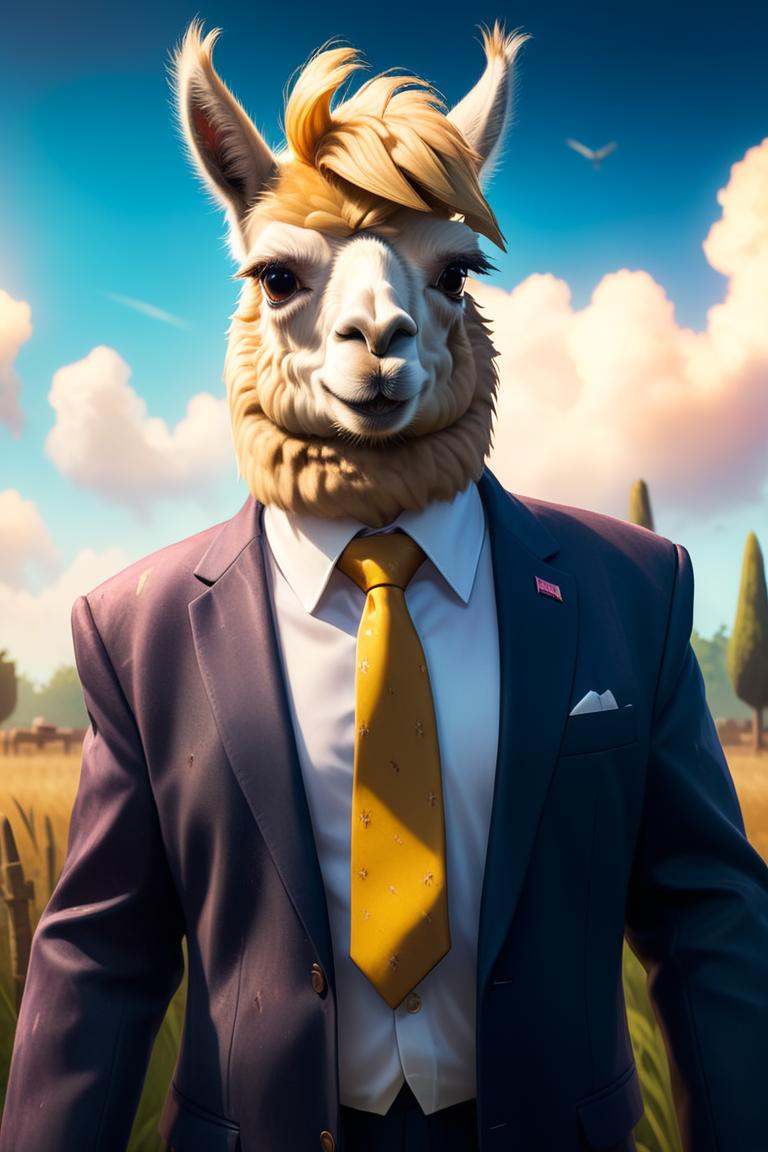 Grunge style of ,  there is a llama wearing a suit and tie in a field,  portrait of a llama on Tensor.Art