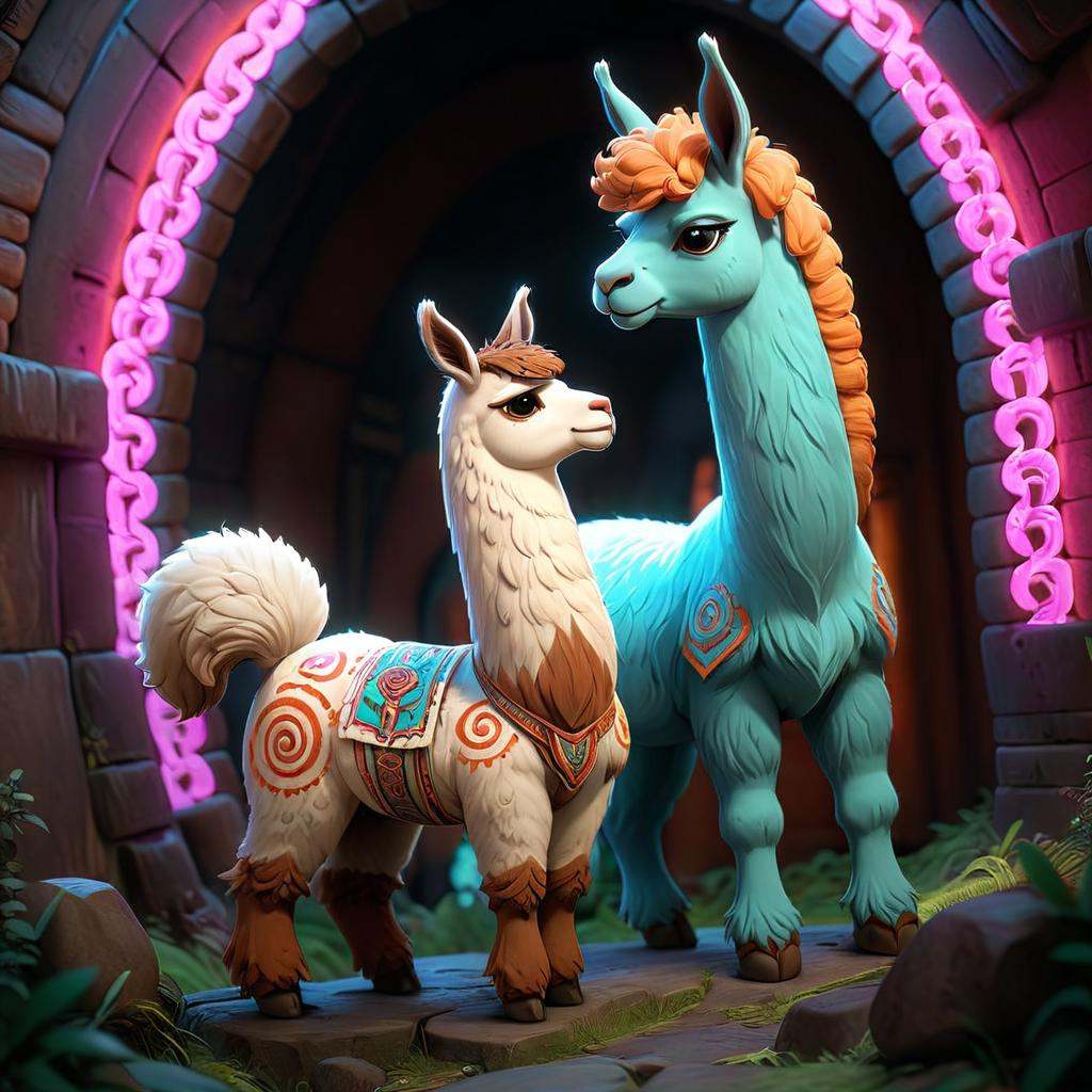 Tribal style llama and alpaca in action,  octane render,  insane details on Tensor.Art