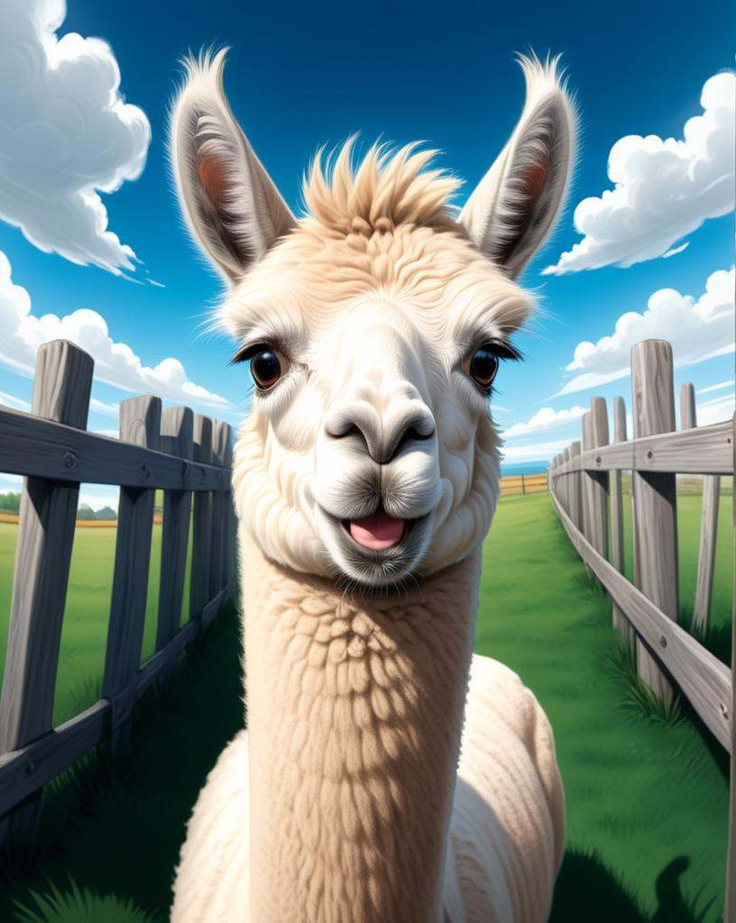 comic of llama a llama is looking at the camera with a fish eye lens,  alpaca,  portrait of a llama on Tensor.Art