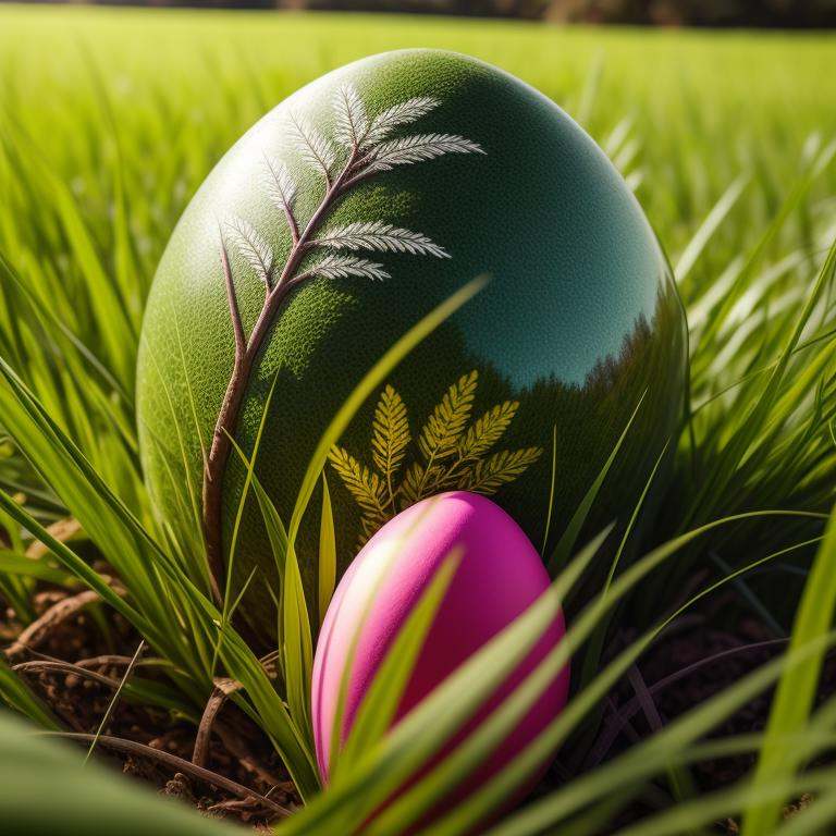 a group of colorful eggs sitting on top of a green field of grass with a decorative design on them,  artist_name,  blurry...