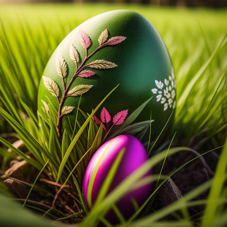 a group of colorful eggs sitting on top of a green field of grass with a decorative design on them,  artist_name,  blurry...