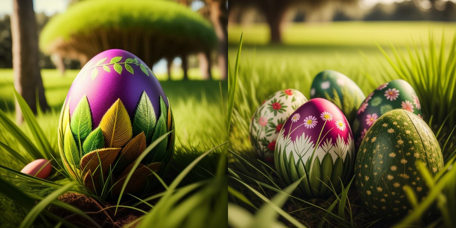 a group of colorful eggs sitting on top of a green field of grass with a decorative design on them,  artist_name,  blurry...
