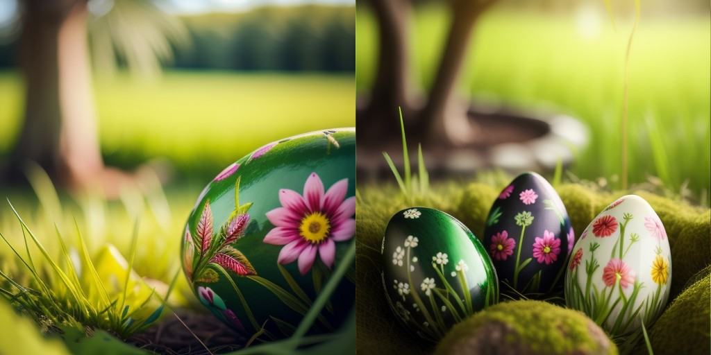 a group of colorful eggs sitting on top of a green field of grass with a decorative design on them,  artist_name,  blurry...