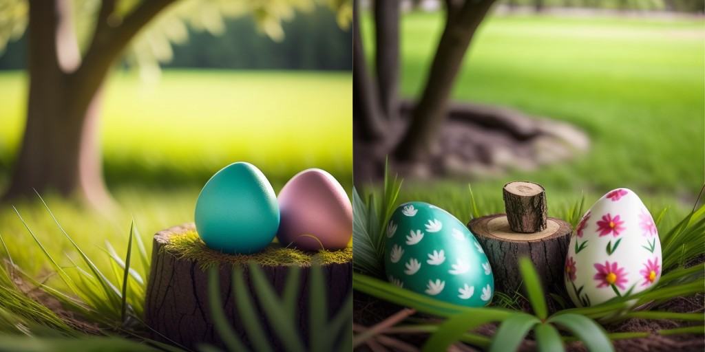 a group of colorful eggs sitting on top of a green field of grass with a decorative design on them,  artist_name,  blurry...
