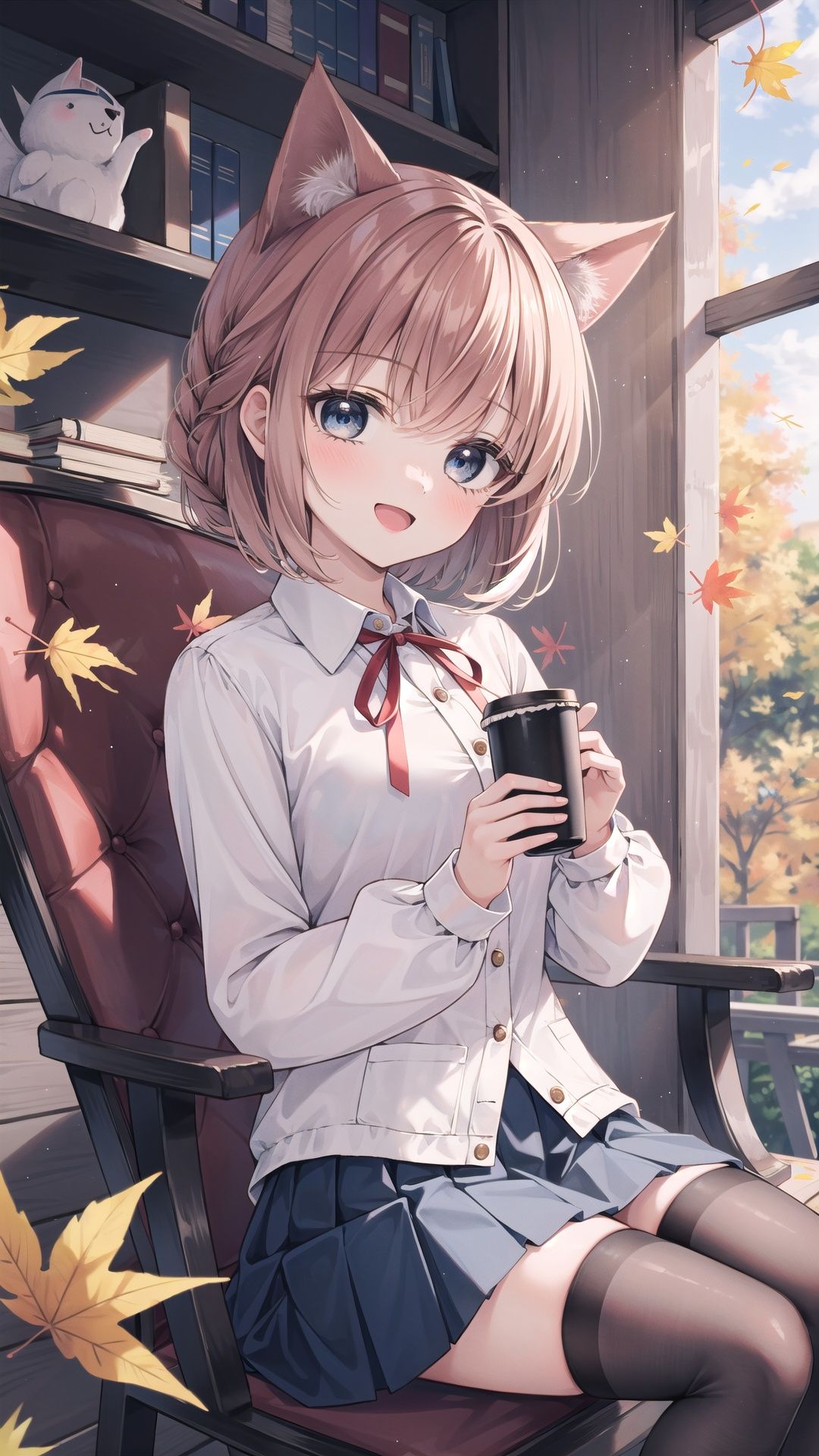 1girl, solo, thighhighs, cup, blue eyes, holding, animal ears, sitting, shirt, skirt, braid, looking at viewer, black thighhighs, smile, white shirt, red ribbon, neck ribbon, holding cup, long sleeves, blush, leaf, open mouth, ribbon, bangs, stuffed toy, :d, falling leaves, stuffed animal, pleated skirt, chair, short hair, autumn leaves, blue skirt