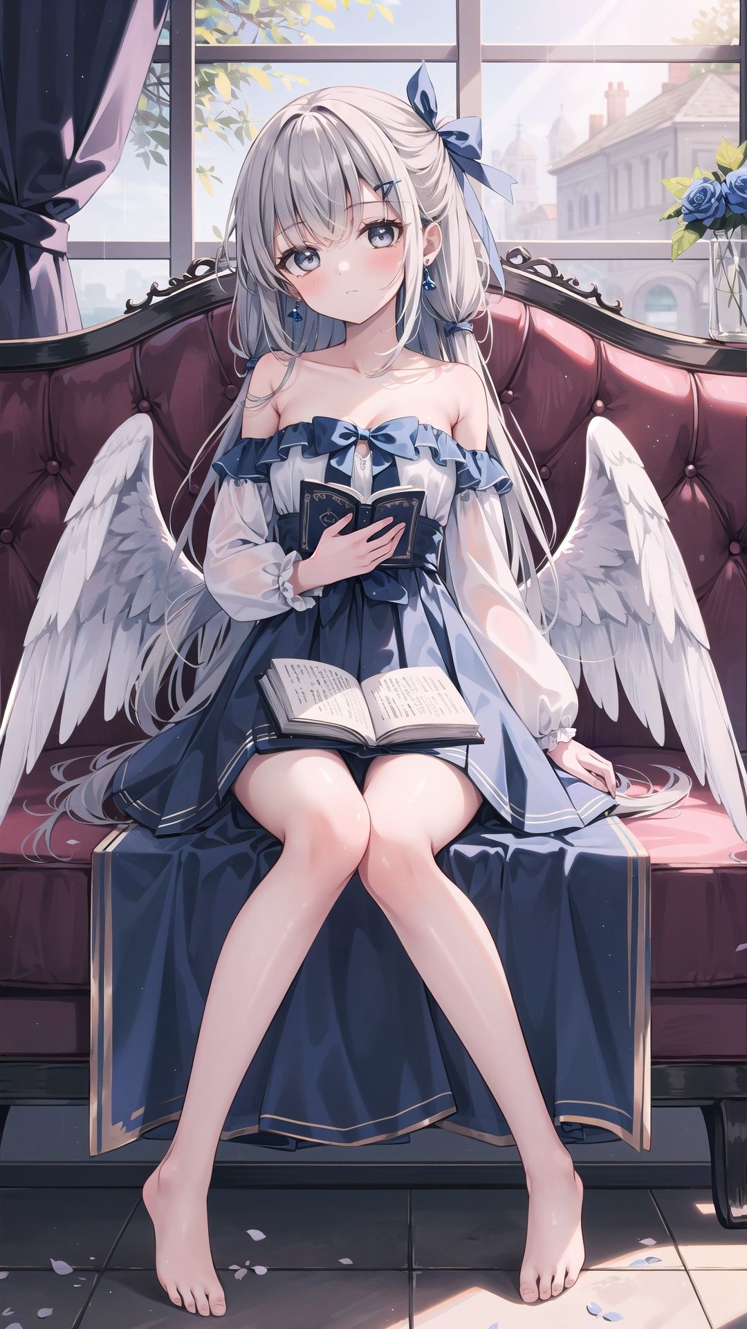 1girl, solo, long hair, wings, feathered wings, book, barefoot, bow, flower, hair bow, sitting, bare shoulders, grey eyes, bangs, very long hair, white wings, blue bow, indoors, strapless, skirt, collarbone, dress, breasts, blue skirt, closed mouth, frills, strapless dress, open book, rain, holding, chair, jewelry, window, couch, earrings, blurry, detached sleeves, grey hair, rose, full body, looking at viewer, blue flower, angel wings