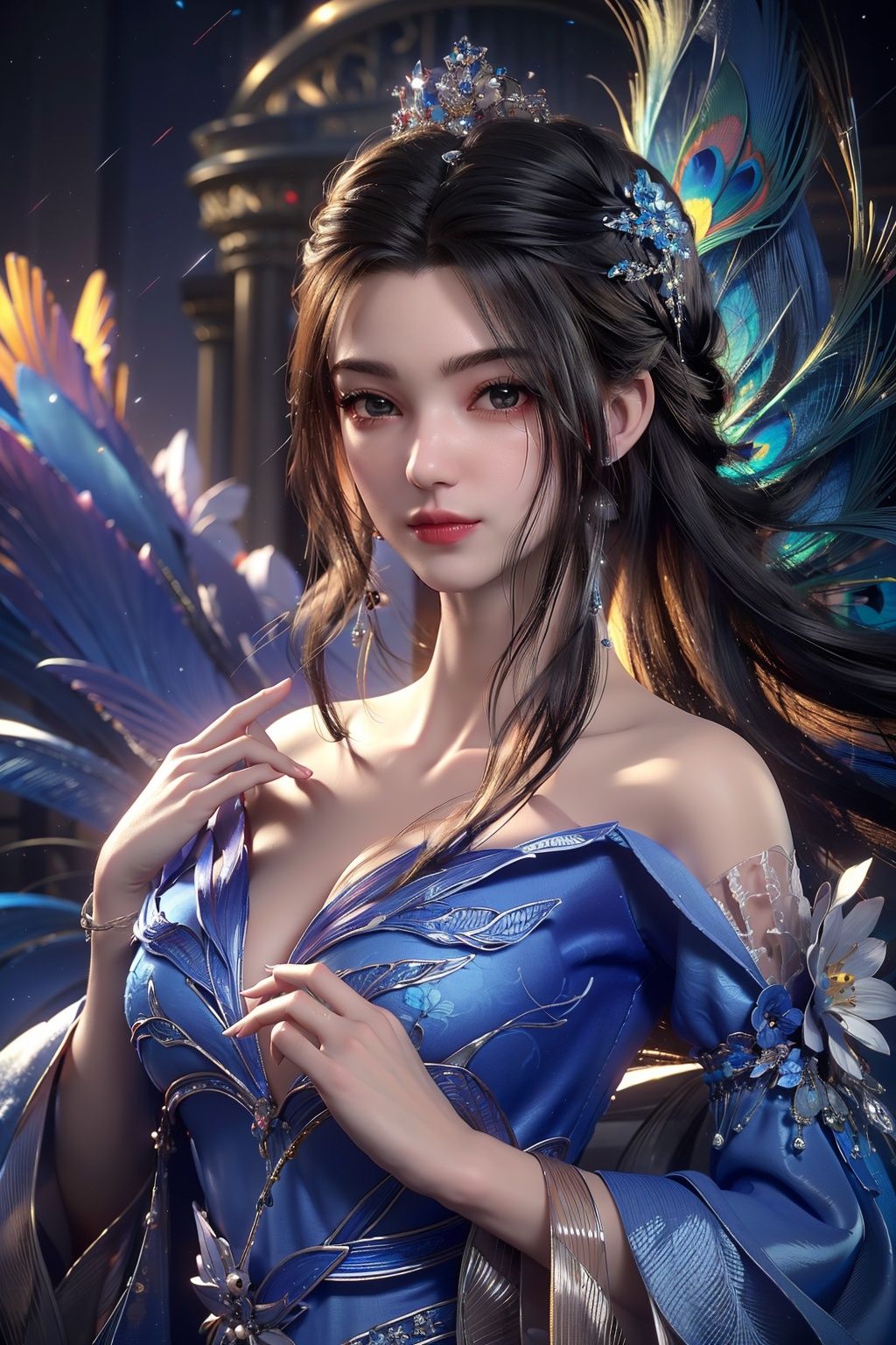  (8k, RAW photo, best quality, masterpiece:1.2),
(super realistic, photo-realistic:1.3),ultra-detailed,extremely detailed cg 8k wallpaper,hatching (texture),skin gloss,light persona,
(crystalstexture skin:1.2),(extremely delicate and beautiful),Best Quality, masterpiece, ultra-high resolution, (photo realistic: 1.4) , Surrealism, Fantastical verisimilitude, beautiful blue-skinned goddess Phoenix Peacock on her head, fantastical creation, thriller color scheme, surrealism, abstract, psychedelic, 1 girl,flower,castle,jyy-hd,1 girl,mds-hd, lmw-hd