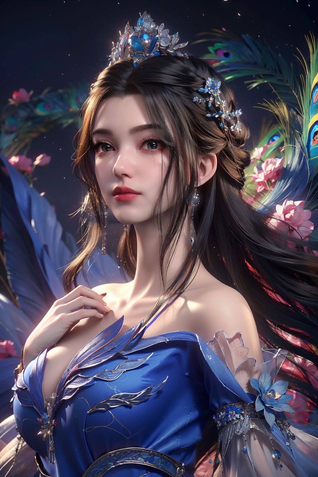  (8k, RAW photo, best quality, masterpiece:1.2),
(super realistic, photo-realistic:1.3),ultra-detailed,extremely detailed cg 8k wallpaper,hatching (texture),skin gloss,light persona,
(crystalstexture skin:1.2),(extremely delicate and beautiful),Best Quality, masterpiece, ultra-high resolution, (photo realistic: 1.4) , Surrealism, Fantastical verisimilitude, beautiful blue-skinned goddess Phoenix Peacock on her head, fantastical creation, thriller color scheme, surrealism, abstract, psychedelic, 1 girl,flower,castle,jyy-hd,1 girl,mds-hd, lmw-hd