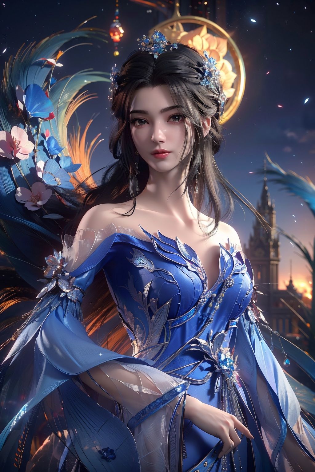  (8k, RAW photo, best quality, masterpiece:1.2),
(super realistic, photo-realistic:1.3),ultra-detailed,extremely detailed cg 8k wallpaper,hatching (texture),skin gloss,light persona,
(crystalstexture skin:1.2),(extremely delicate and beautiful),Best Quality, masterpiece, ultra-high resolution, (photo realistic: 1.4) , Surrealism, Fantastical verisimilitude, beautiful blue-skinned goddess Phoenix Peacock on her head, fantastical creation, thriller color scheme, surrealism, abstract, psychedelic, 1 girl,flower,castle,jyy-hd,1 girl,mds-hd, lmw-hd