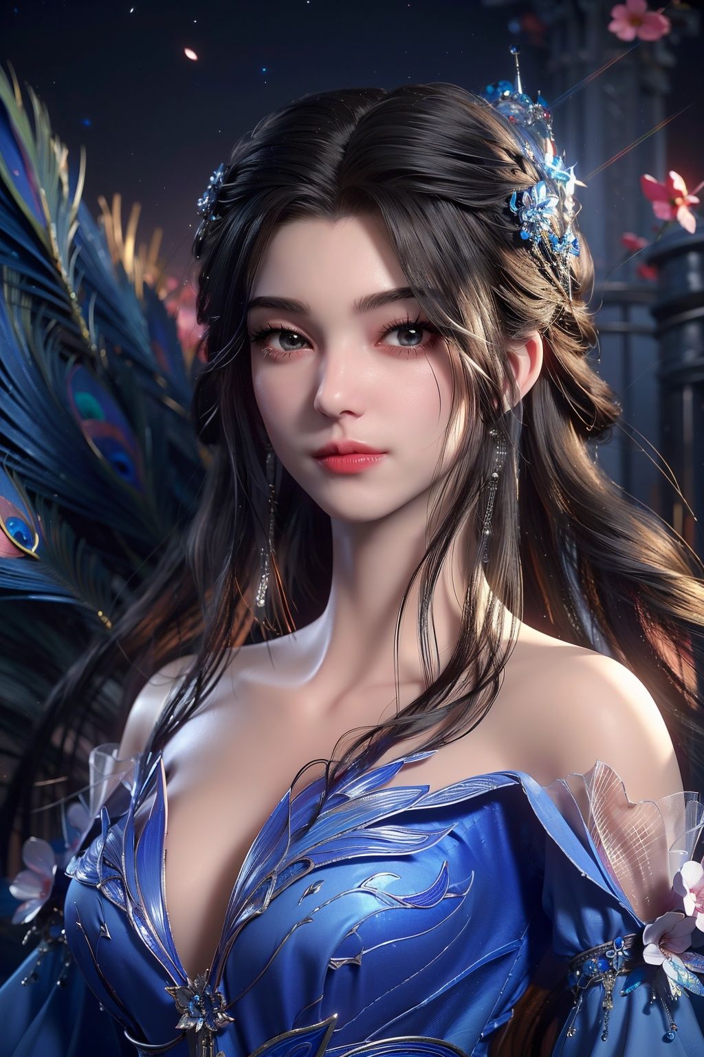  (8k, RAW photo, best quality, masterpiece:1.2),
(super realistic, photo-realistic:1.3),ultra-detailed,extremely detailed cg 8k wallpaper,hatching (texture),skin gloss,light persona,
(crystalstexture skin:1.2),(extremely delicate and beautiful),Best Quality, masterpiece, ultra-high resolution, (photo realistic: 1.4) , Surrealism, Fantastical verisimilitude, beautiful blue-skinned goddess Phoenix Peacock on her head, fantastical creation, thriller color scheme, surrealism, abstract, psychedelic, 1 girl,flower,castle,jyy-hd,1 girl,mds-hd, lmw-hd