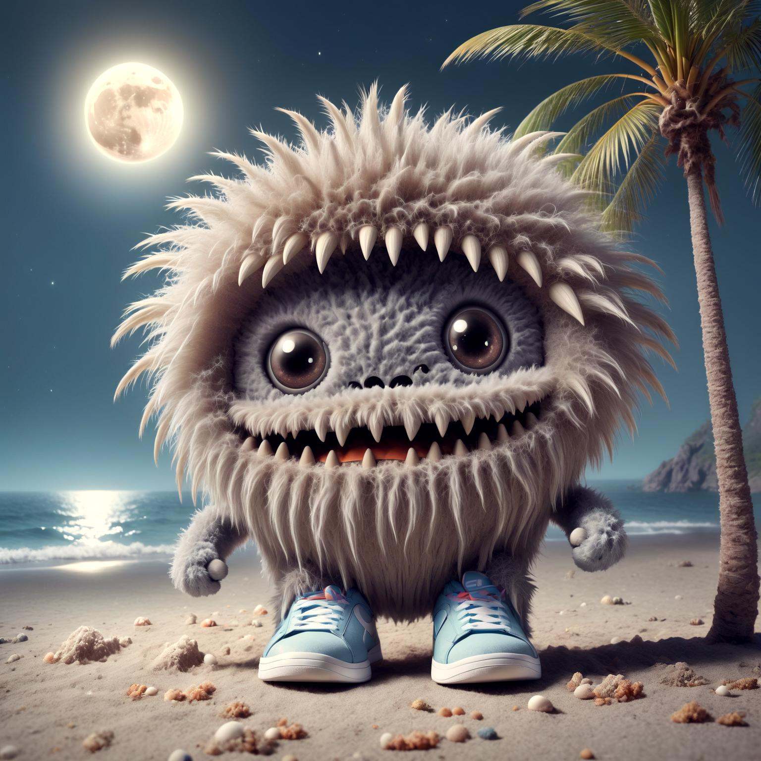 a cute fluffy monster,  at a beach,  palm tree on Tensor.Art