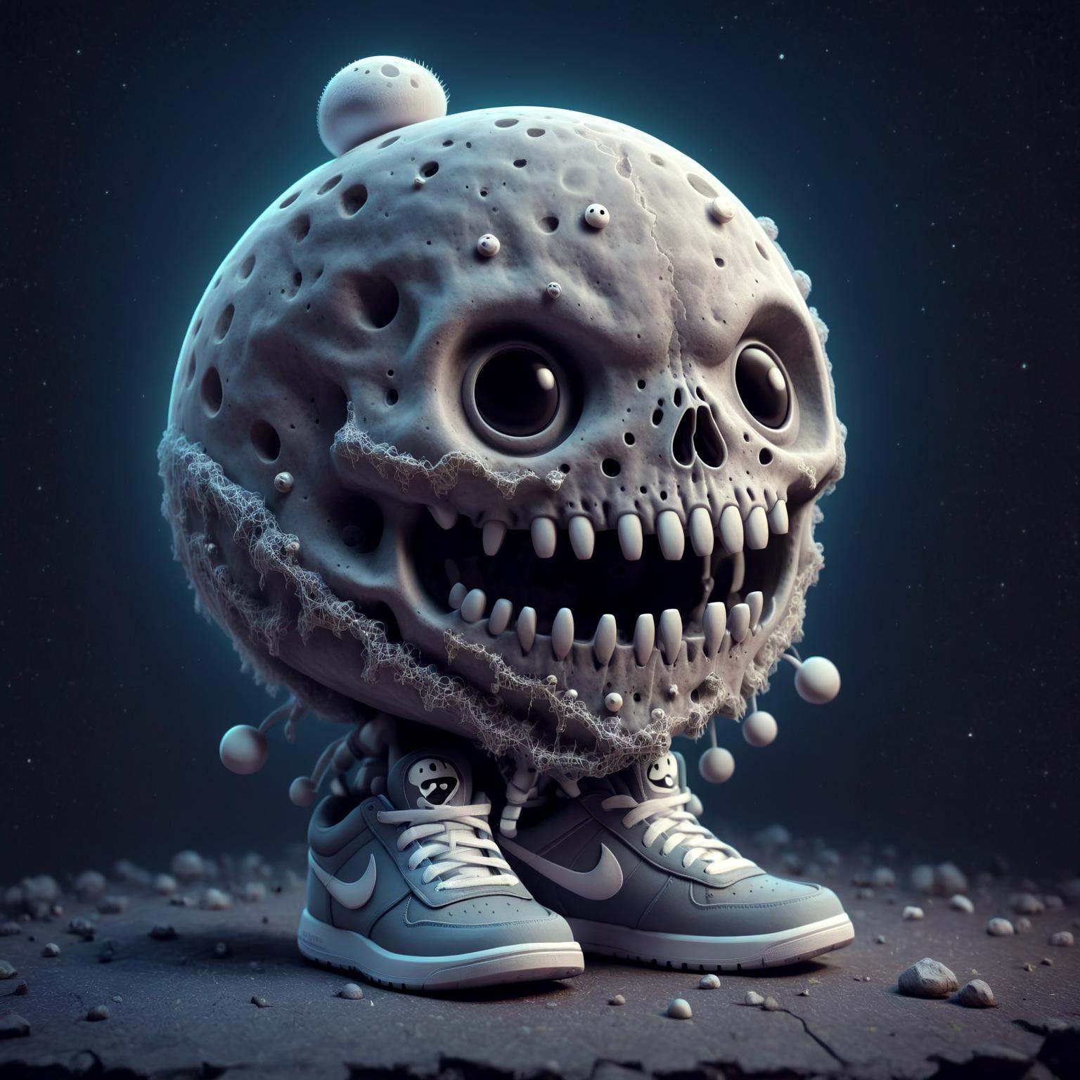 a cute helloween skull head,  hauted house,  wearing nike sneaker on Tensor.Art