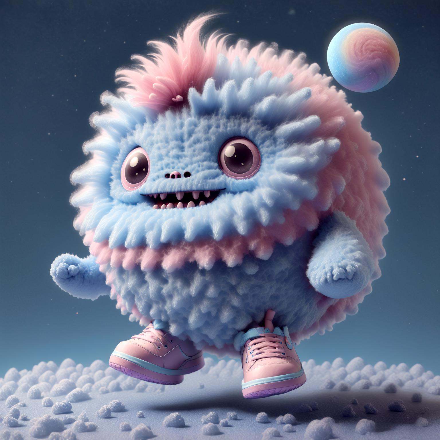 a cute fluffy monster,  flying on a candy cotton cloud,  wearing nike sneaker on Tensor.Art