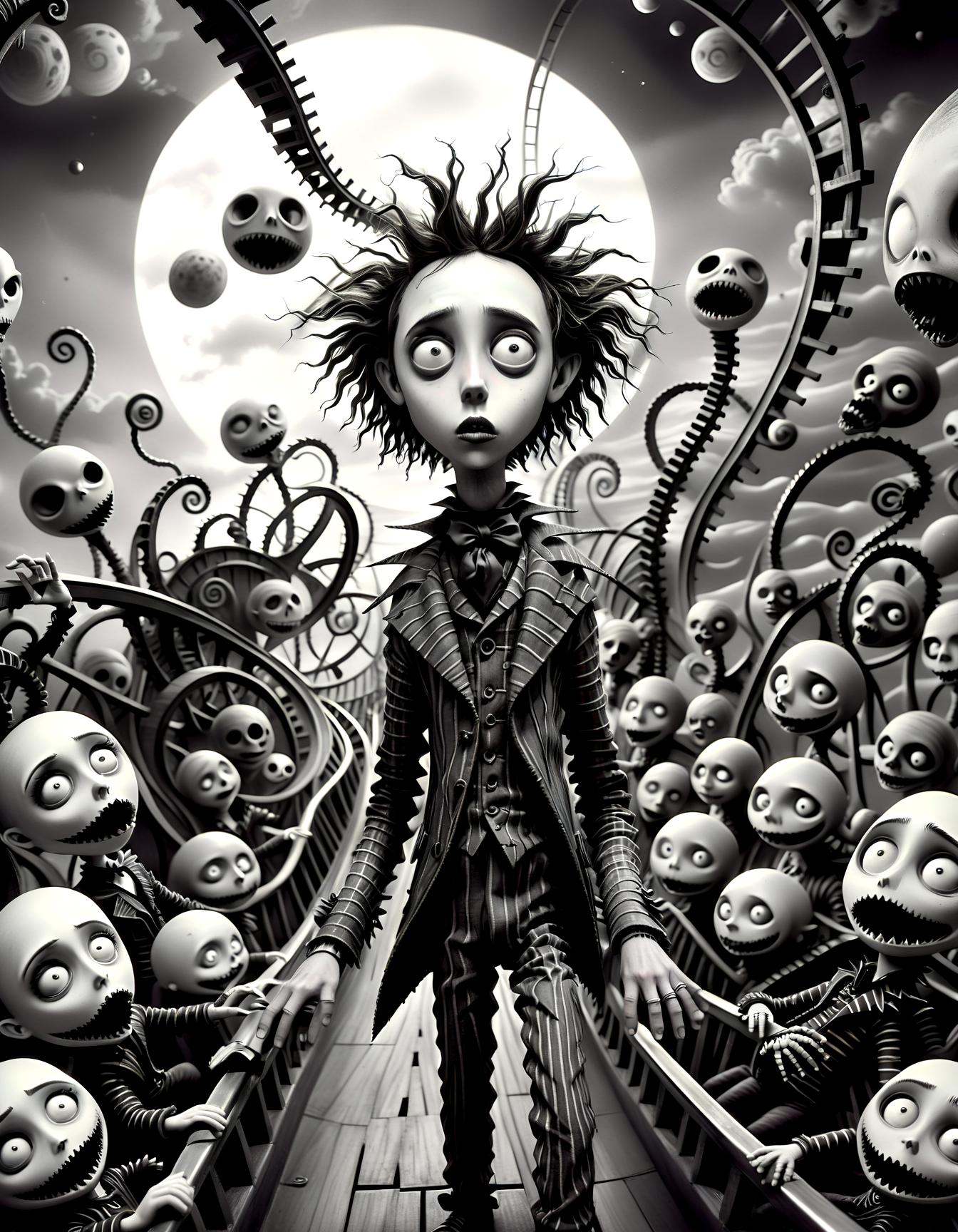 monochrome ,  In a Tim Burton-esque carnival of the bizarre,  a rollercoaster twists and turns in impossible angles on Ten...