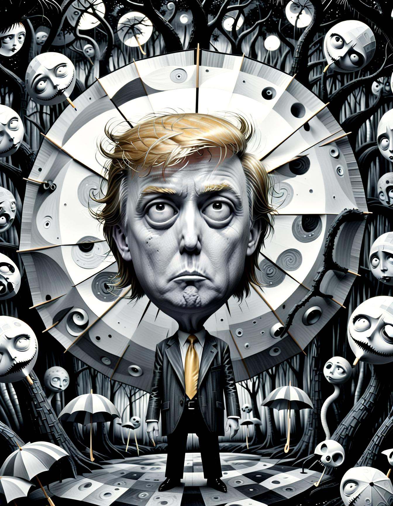 monochrome ,  close up portrait Beneath the Tim Burton moon,  a forest of umbrella-shaped trees emerges. a kaleidoscope of...