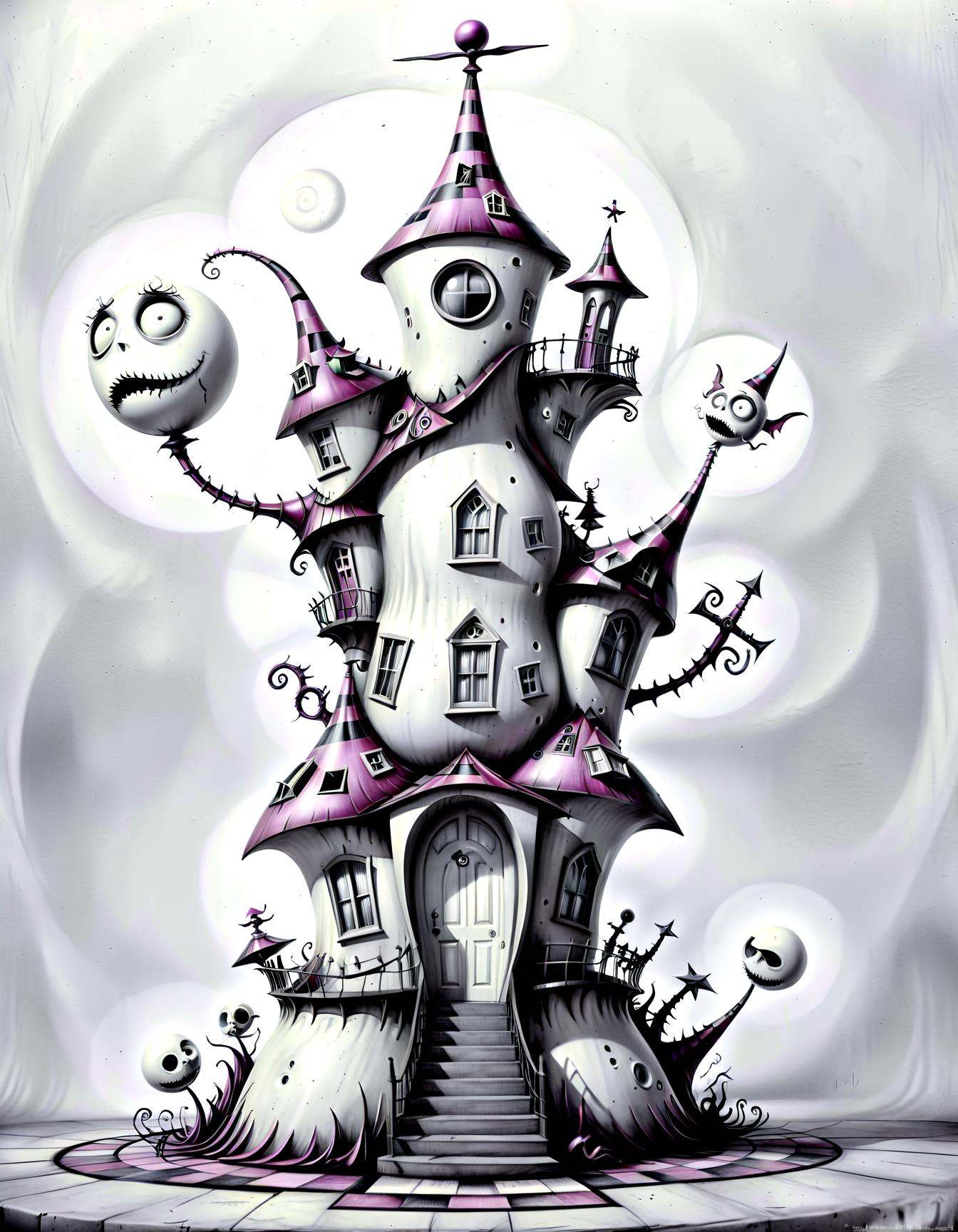 In the surreal geometry of Tim Burton's universe,  a house takes form. Its architecture defies gravity,  with doors and wi...